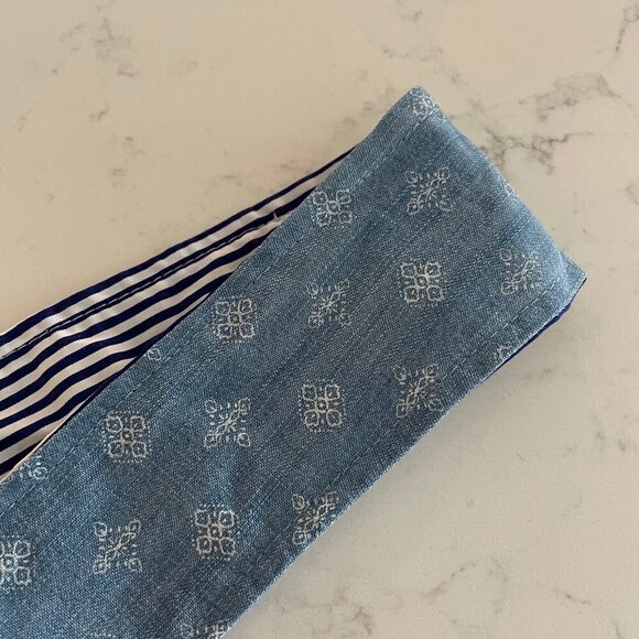 Upcycle Reversible Hair Tie Stripes & Denim Print Blue White Cream Sz OS - Picture 3 of 5